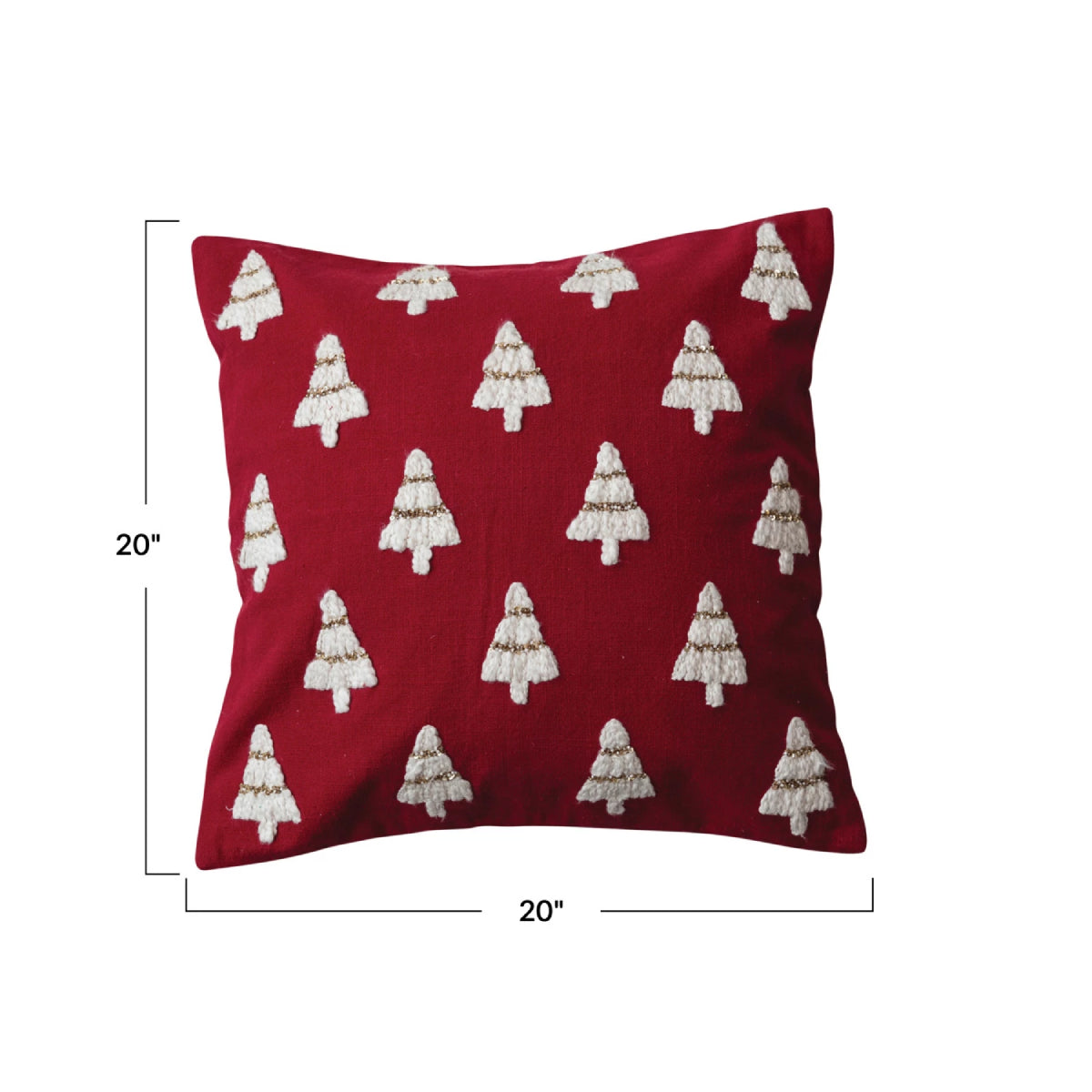 Creative Co-op Slub Pillow with Embroidered Christmas Trees and Beads - Red/White
