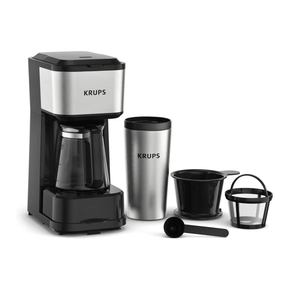 Krups KM207D50 Simply Brew 2 Cup 4-in-1 Coffee Machine with Stainless Steel Travel Tumbler - Black/Stainless
