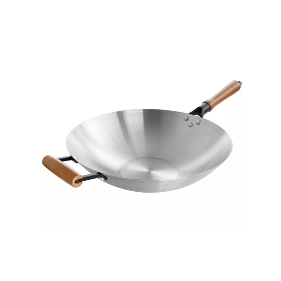 Oster Sangerfield 137514.01 14" Stainless Steel Flat Bottom Wok with Wooden Handles - Silver