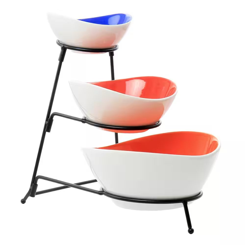 Gibson Home Crenshaw Stoneware 3-Tier Serving Bowl Set with Metal Rack