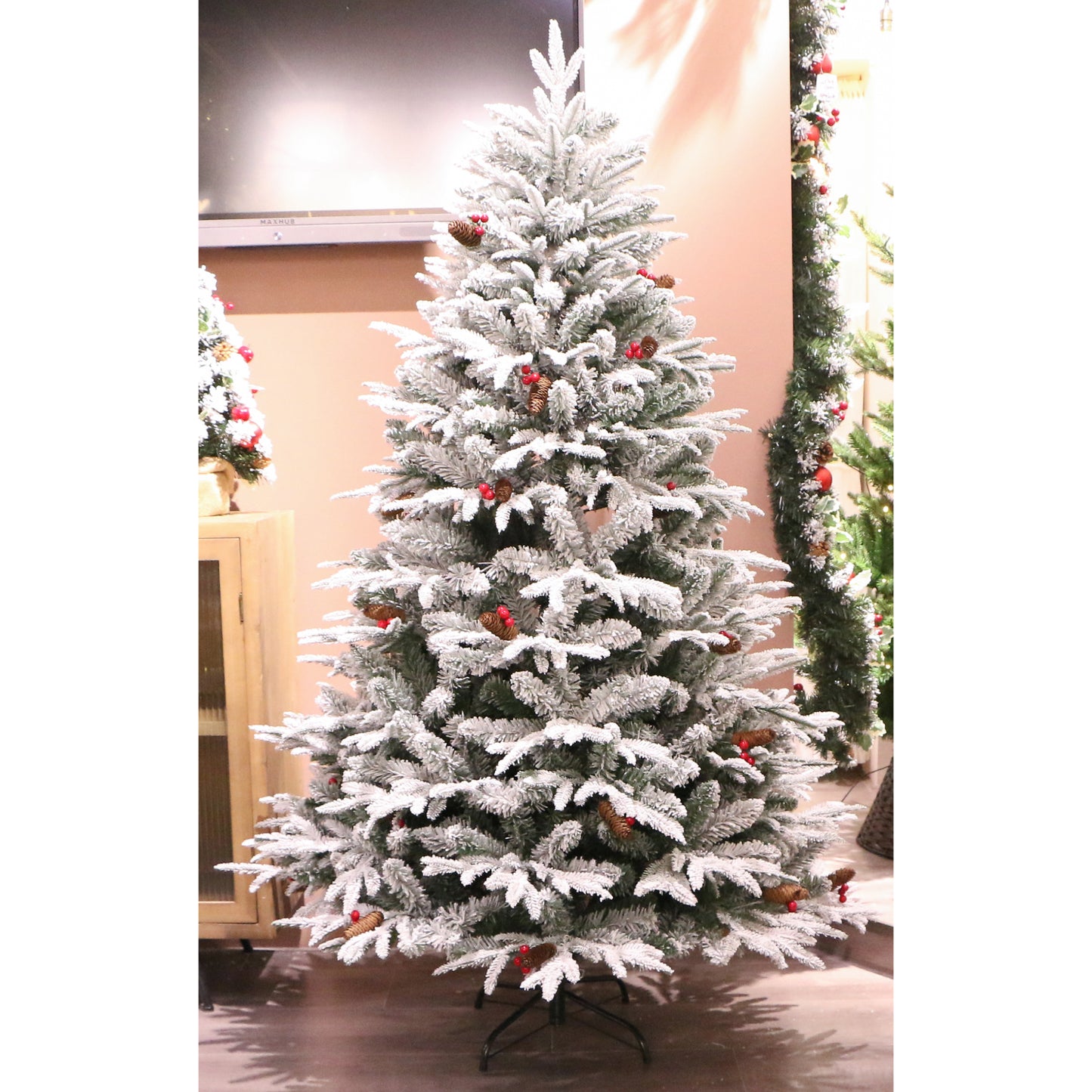 The Outdoor Institute 8' Snow Flocked Mixed Tips Christmas Tree with Cones and Berries