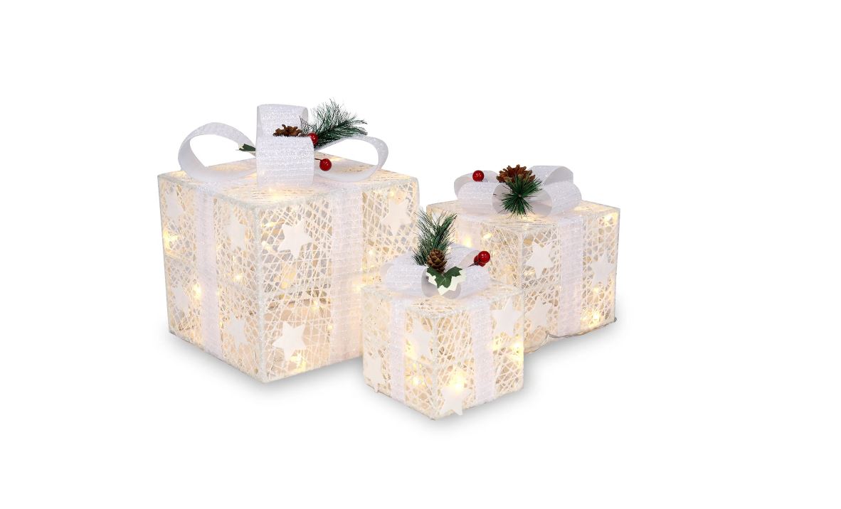 Juego de 3 cajas de regalo iluminadas con decoración navideña y luz cálida, color blanco