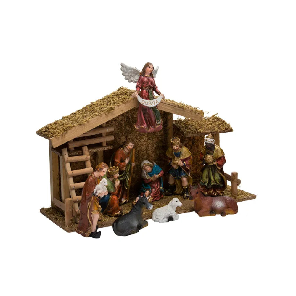 Kurt Adler 12-Piece Nativity Set with Wooden Stable