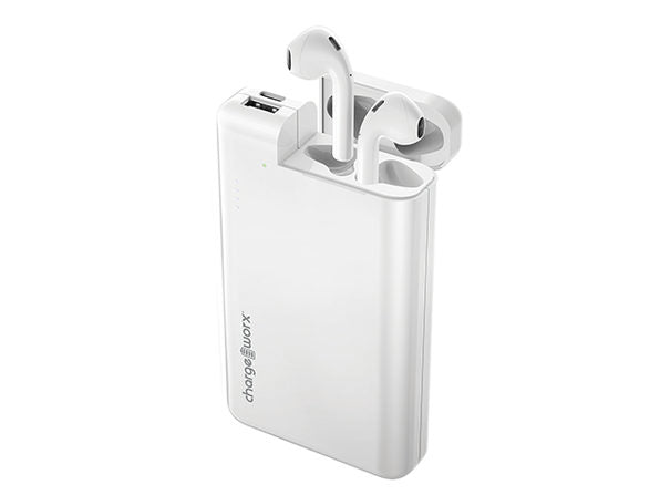 Banco de energía delgado con dos puertos USB y soporte para AirPods de ChargeWorx de 10 000 mAh, color blanco