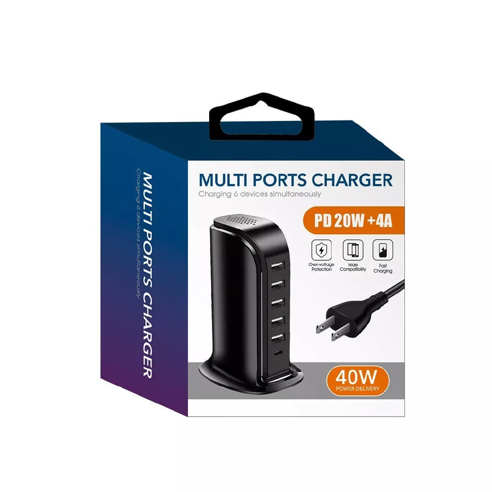 Cargador USB de 6 puertos y 40 W, color negro