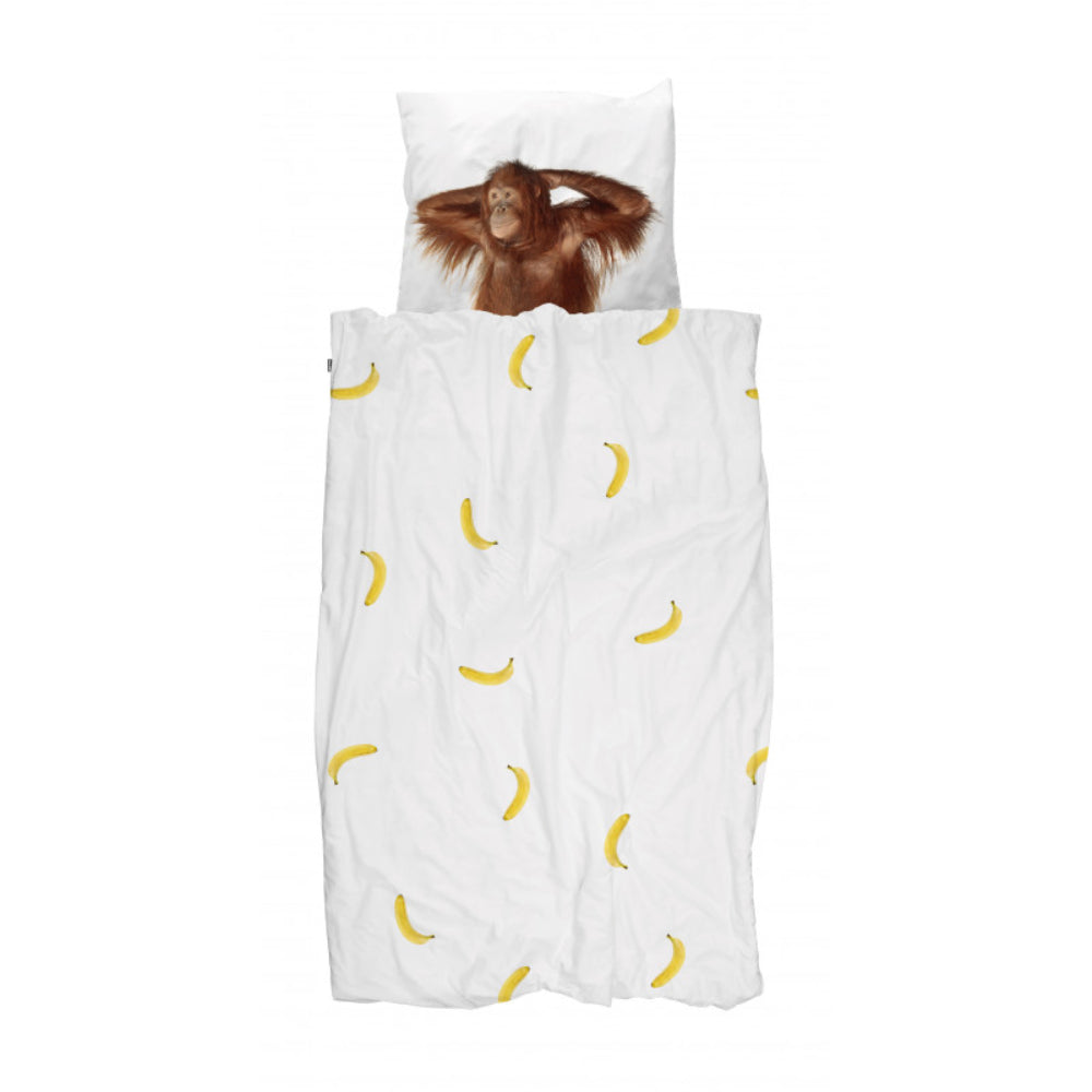 Juego de funda de edredón de 2 piezas tamaño twin de Snurk con diseño de mono banana, blanco y marrón