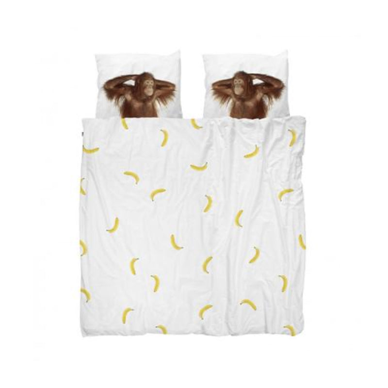Juego de funda de edredón de 3 piezas tamaño queen de Snurk con diseño de mono banana, blanco y marrón