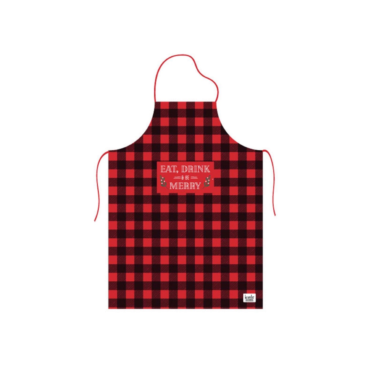Delantal navideño con texto en inglés "Eat Drink and Be Merry" de Krumbs Kitchen, color negro y rojo