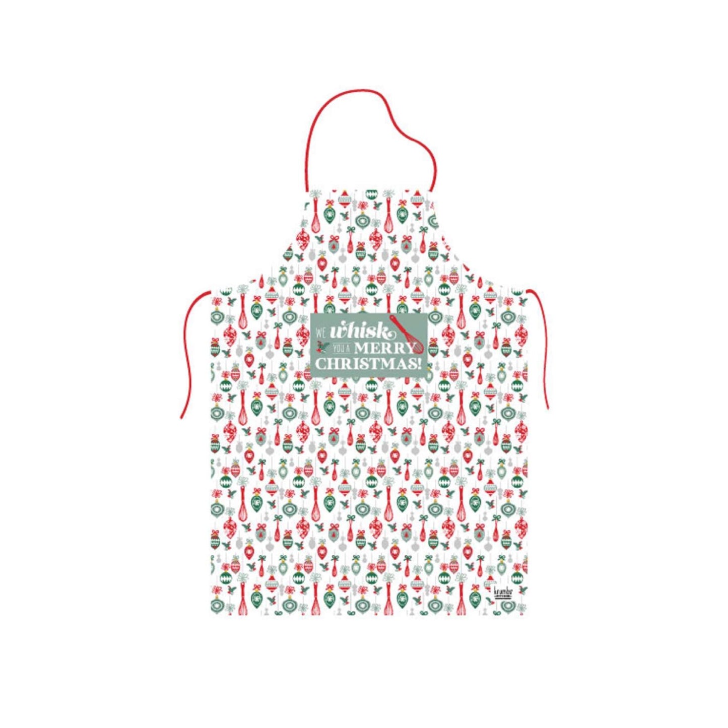 Delantal navideño con texto en inglés "Eat Drink and Be Merry" de Krumbs Kitchen, color negro y rojo