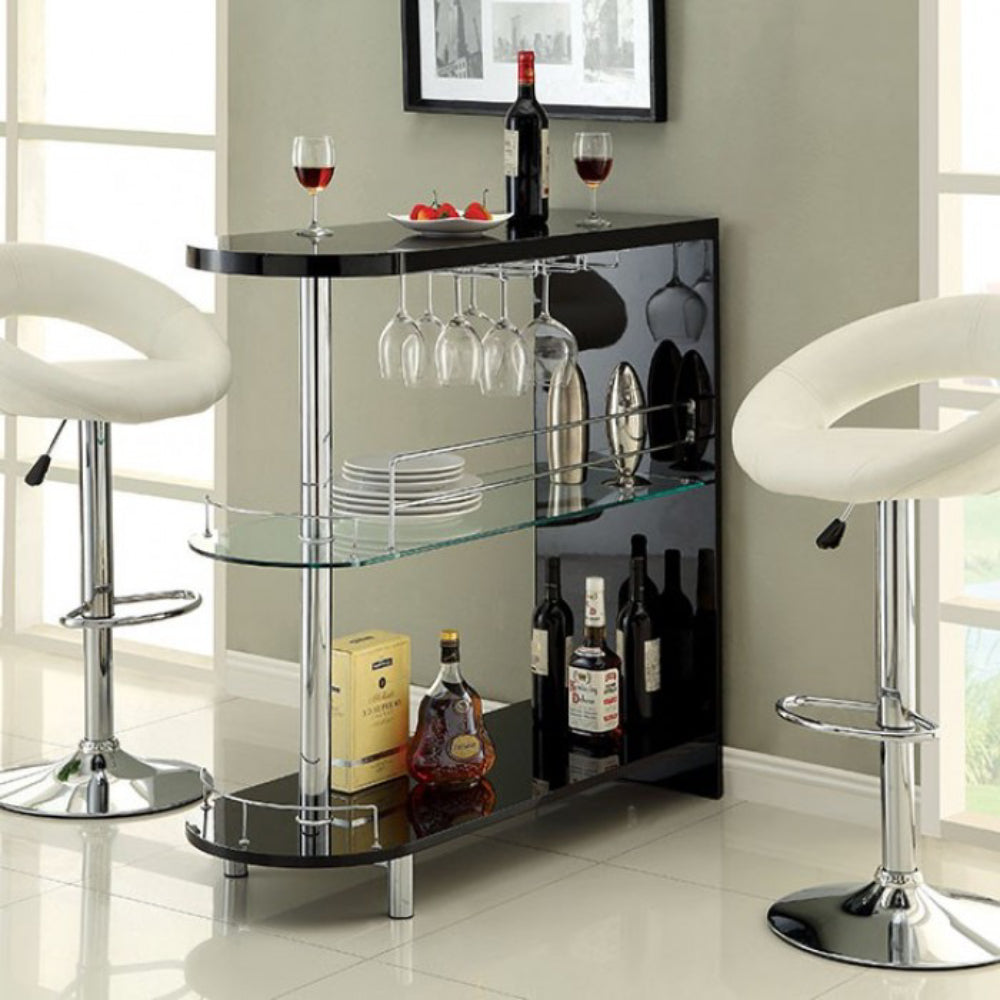 Numbi 41" Mini Server with Glass Shelf and Wine Glass Hanger by Furniture of America - Black/Chrome