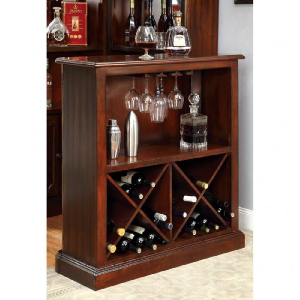 Mesa de bar oscura Voltaire con 1 estante y botellero de Furniture of America