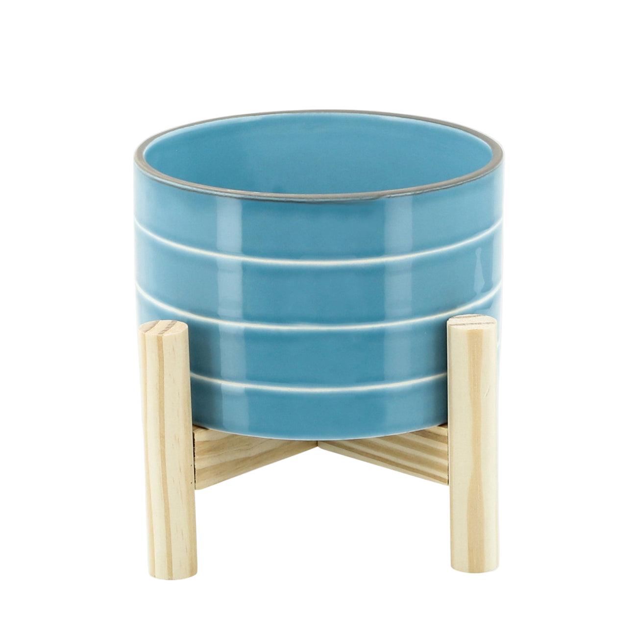 Sagebrook Home
6" Striped Planter with Wood Stand - Sky Blue