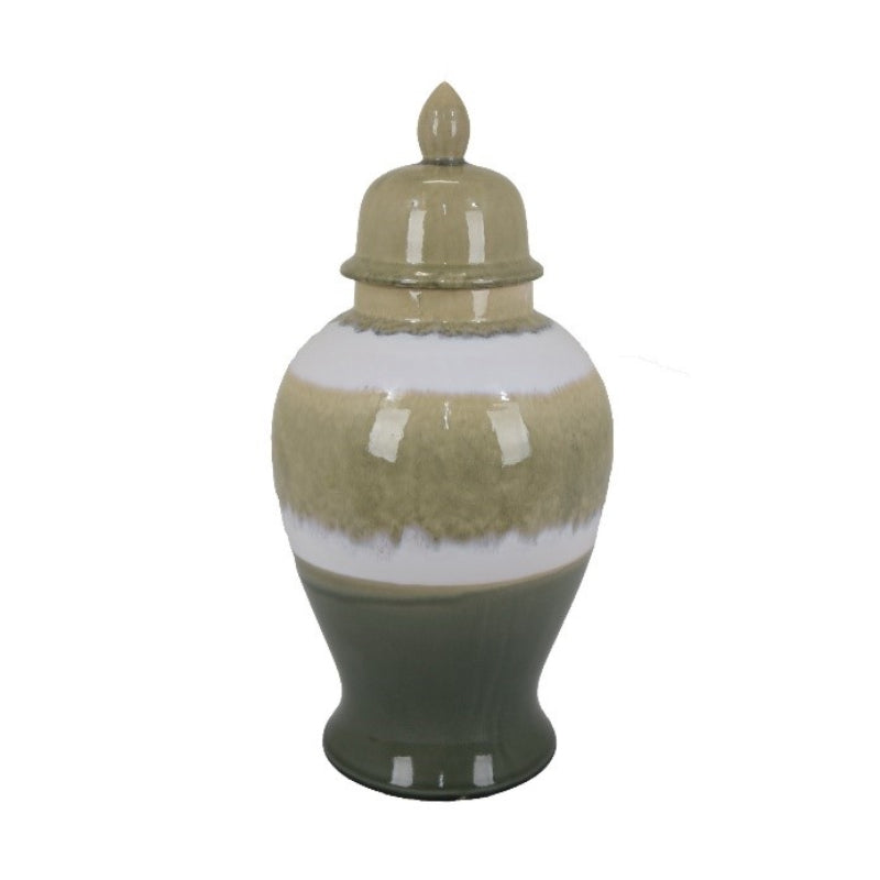 Three Hands 14.50" Ginger Vase with Lid - Beige/Olive Green