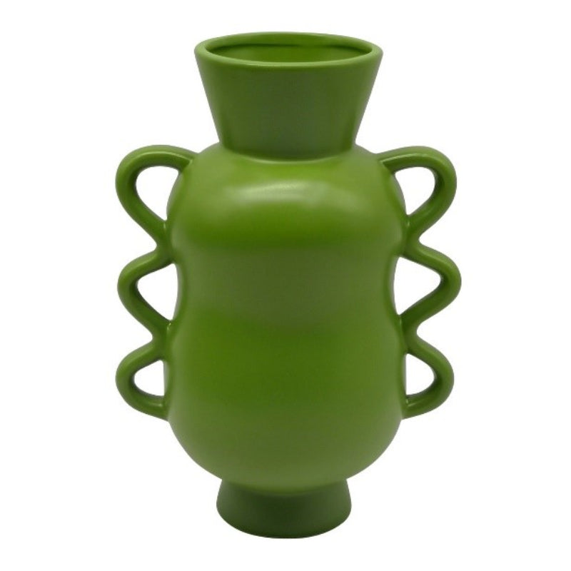 Three Hands 10.25" Cylindrical Ceramic Vase with Wavy Handles - Green