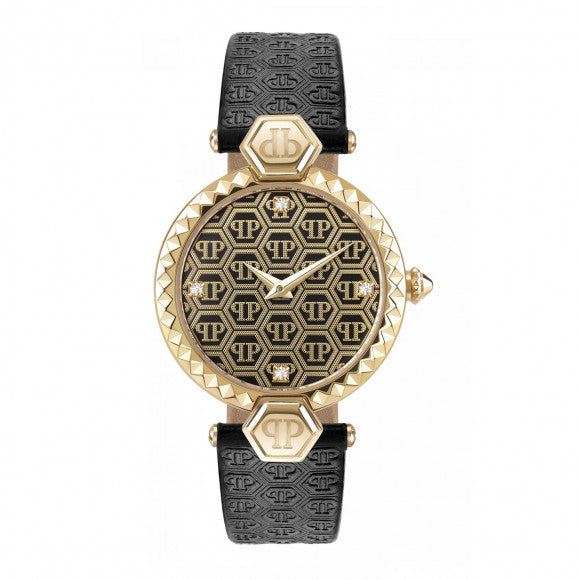 Philipp Plein Couture Women's 32mm Quartz Black Strap Watch - Yellow Gold Dial