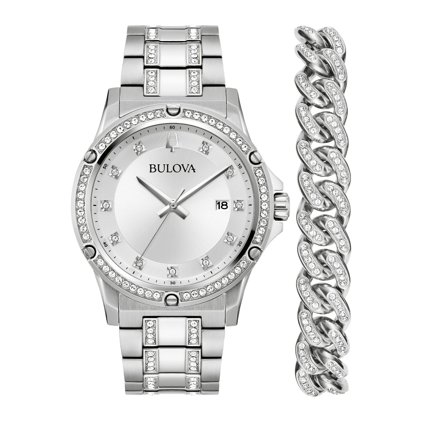 Reloj y pulsera Bulova Crystal de 42 mm para hombre (2 piezas) - Plateado