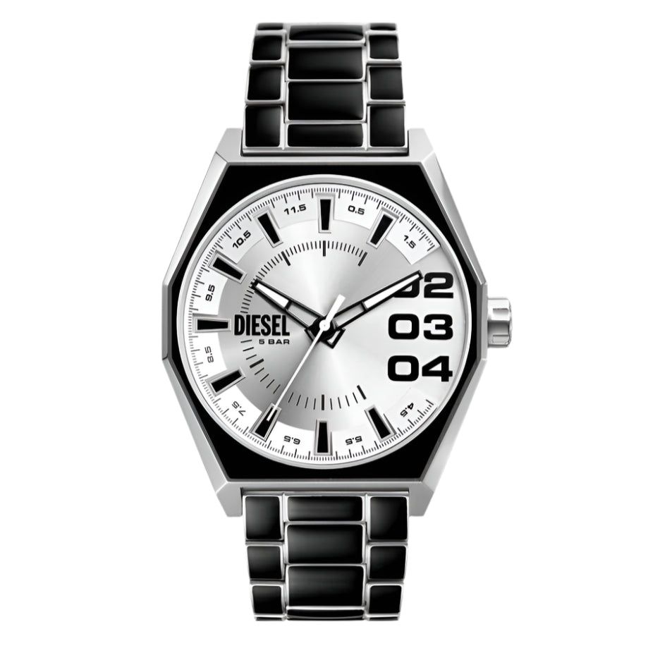 Reloj Diesel Scraper para hombre con correa de cuarzo de 43 mm, color negro y plateado