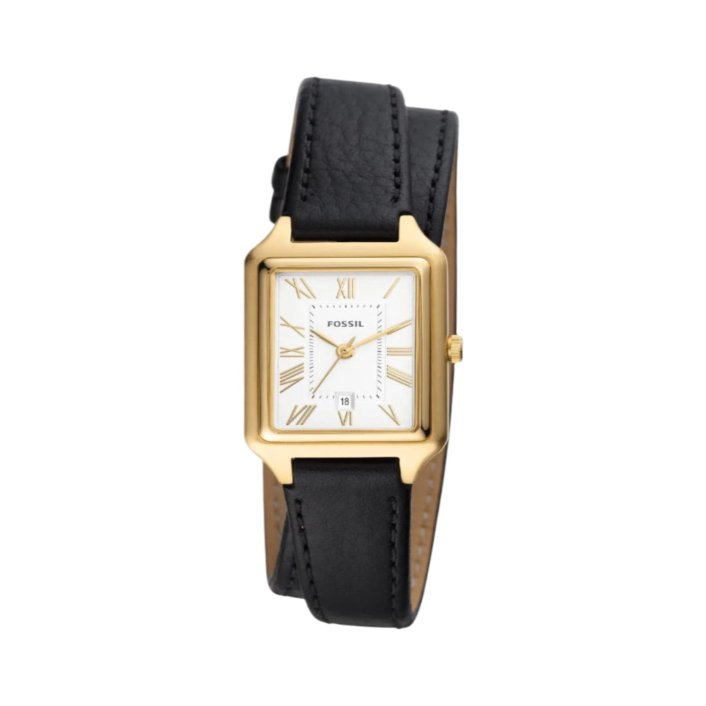 Reloj de cuarzo con correa de piel para mujer Fossil Raquel con fecha y tres manecillas de 23 mm, color negro