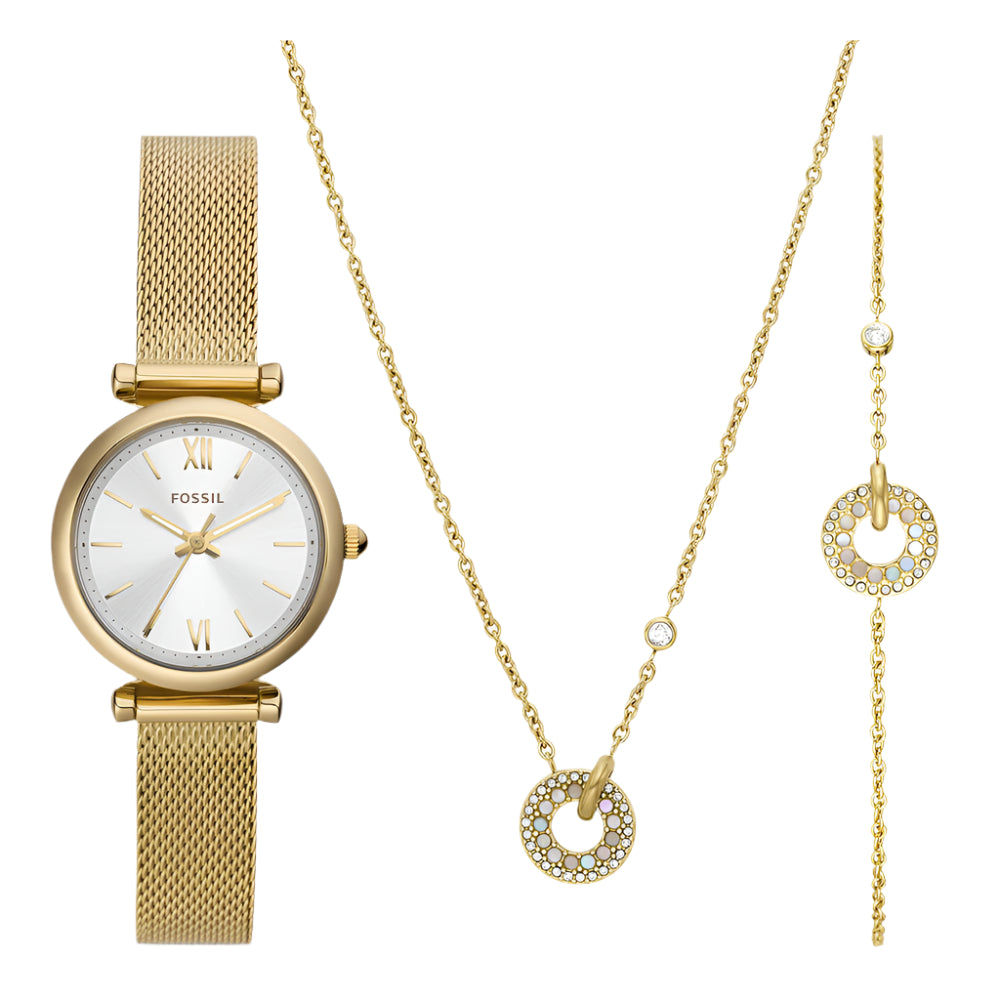 Fossil Carlie Women's 28mm Analog Gold Bracelet Watch with Jewelry Set - White Dial