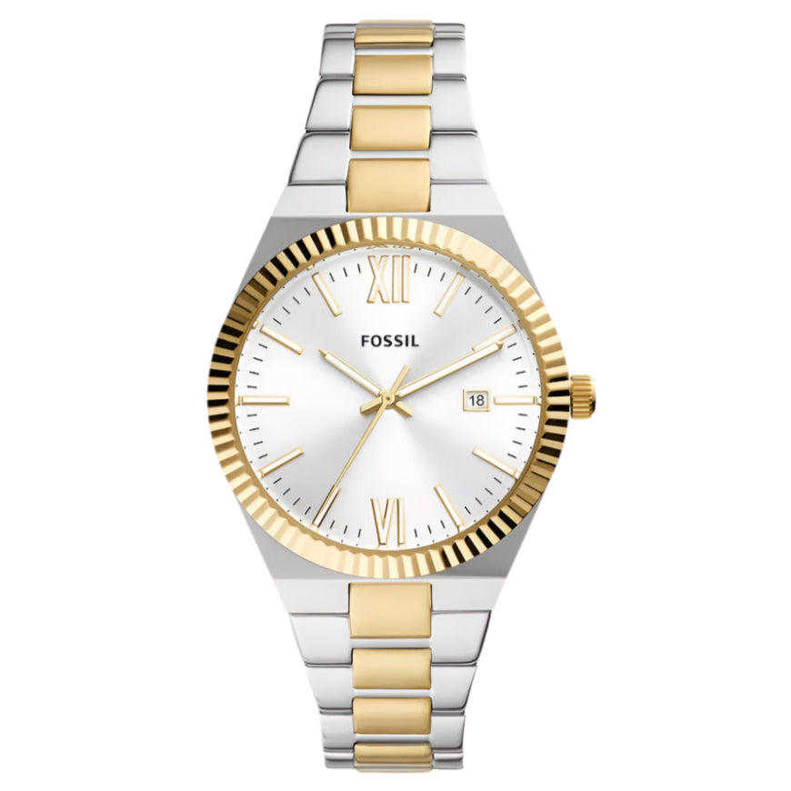 Reloj Fossil Scarlette para mujer, de 38 mm, con pulsera de dos tonos y fecha y tres manecillas, esfera plateada
