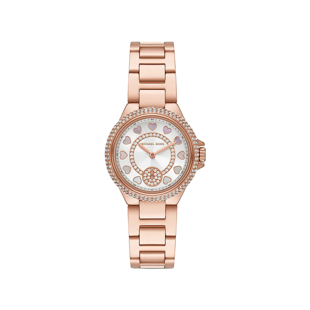 Reloj de cuarzo Michael Kors Camille para mujer, de acero inoxidable y oro rosa, de 33 mm, color blanco