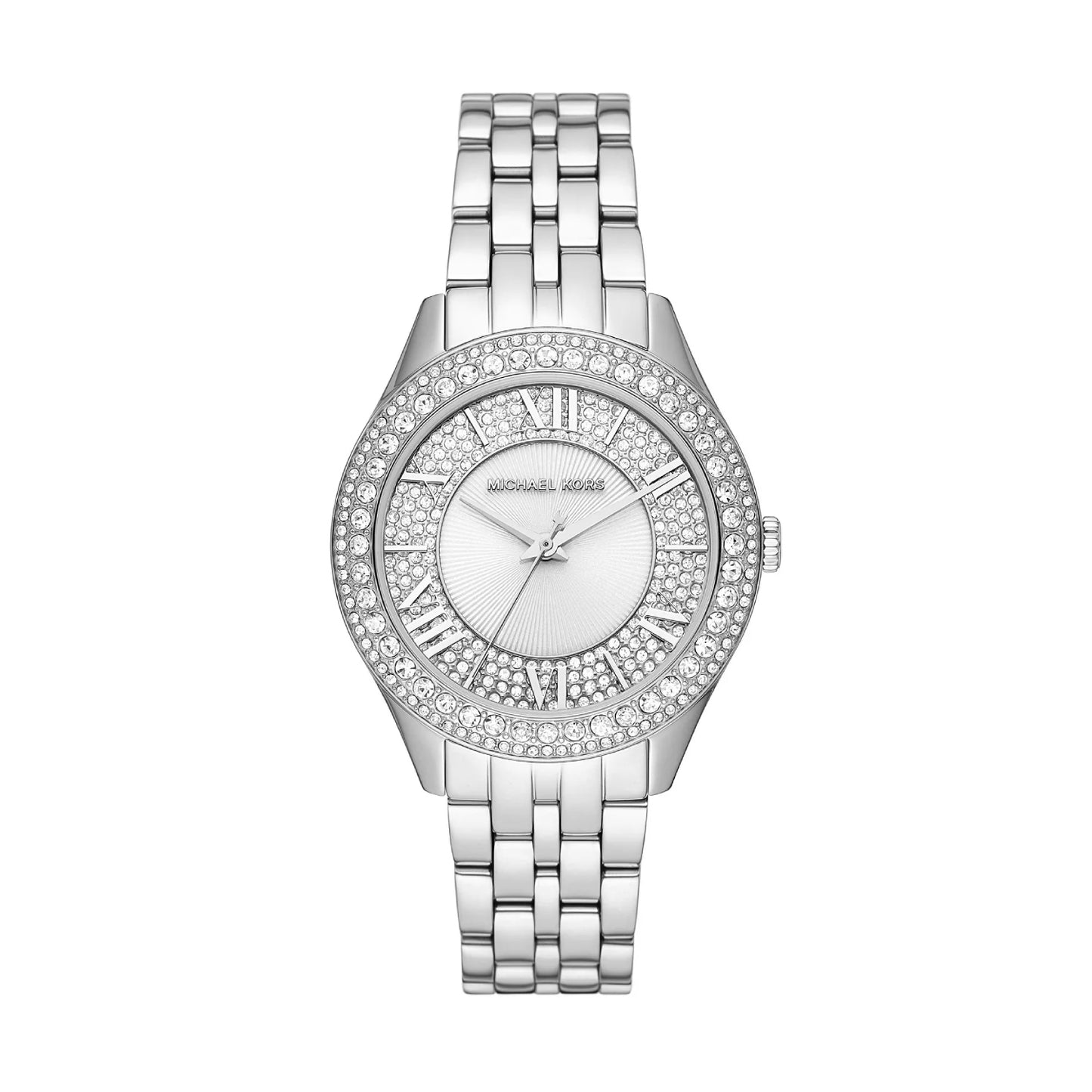 Reloj Michael Kors Harlowe para mujer, con pulsera plateada de tres manecillas de 38 mm y esfera blanca