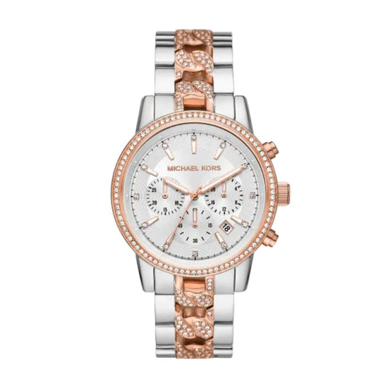 Michael Kors Ritz Women's 41mm Quartz Stainless Steel Two Tone (Rose Gold & Silver) Bracelet Watch - White Dial - Curacao
