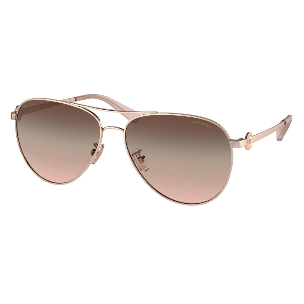 Estas gafas de sol Coach 0HC7128 en oro rosa brillante tienen un estilo aviador y un color de lente degradado de color marrón rosa.