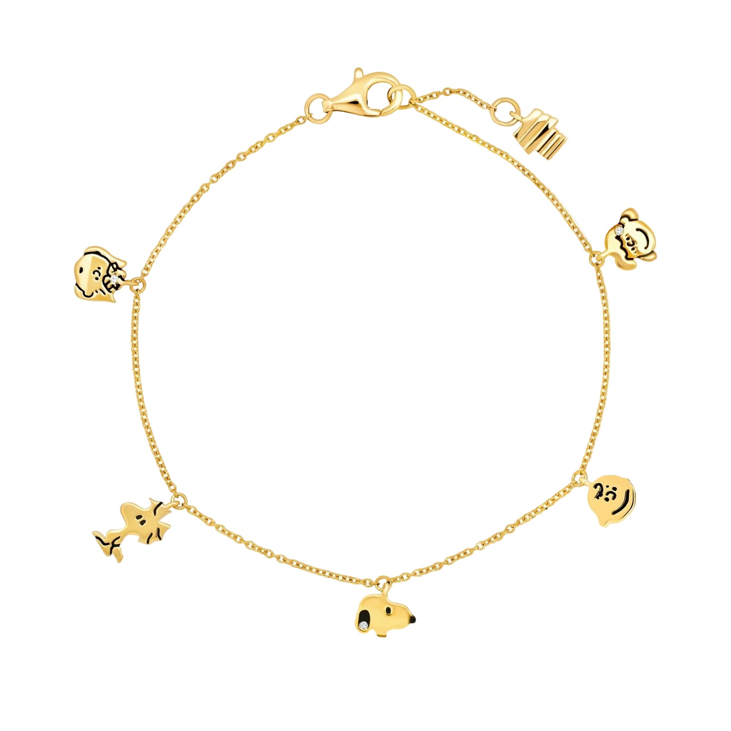 Pulsera con dije de Snoopy y la pandilla de circonita cúbica de 0,1 ct para mujer de Crislu Peanuts en plata de ley 925 bañada en oro amarillo de 18 quilates