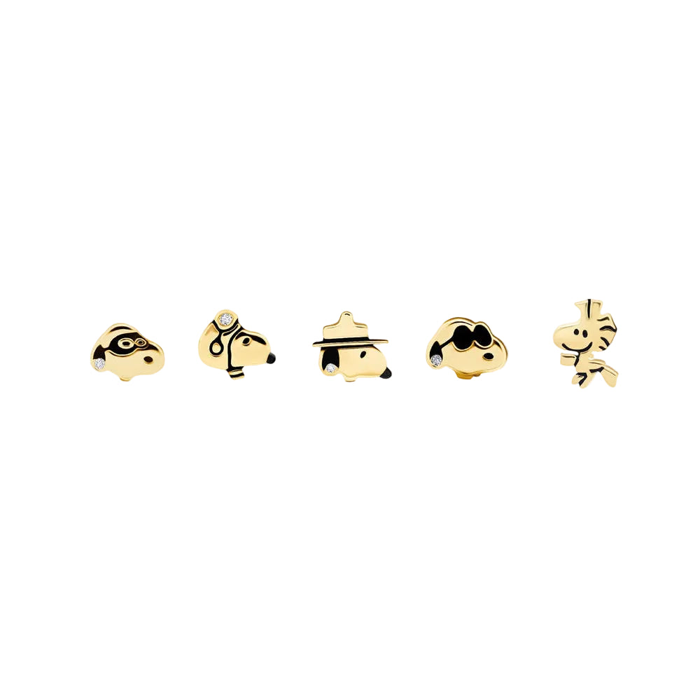 Pendientes de botón de Snoopy y Woodstock con circonita cúbica de 0,2 ct para mujer de Crislu Peanuts en plata de ley 925 bañada en oro amarillo de 18 quilates