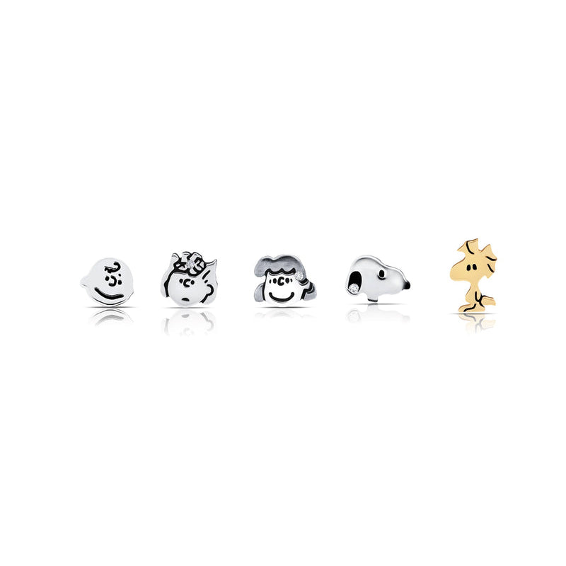 Crislu Peanuts Women's 0.1 ct. Cubic Zirconia Snoopy & The Gang Stud Earrings Set in Pure Platinum-Plated over 925 Sterling Silver