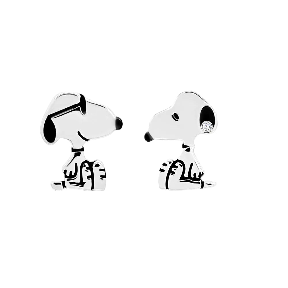 Pendientes de botón de Snoopy con circonita cúbica de 0,1 ct para mujer de Crislu Peanuts en plata de ley 925 bañada en platino puro