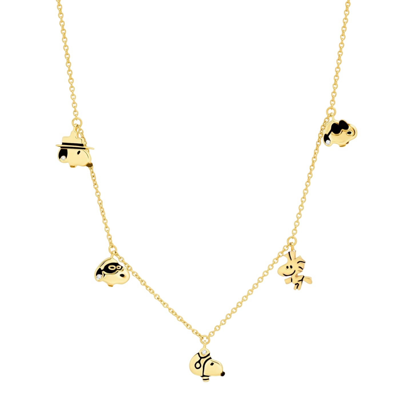 Crislu Peanuts 0.1 ct. Cubic Zirconia Snoopy & Woodstock Charm Necklace in 18K Yellow Gold Plated 925 Sterling Silver
