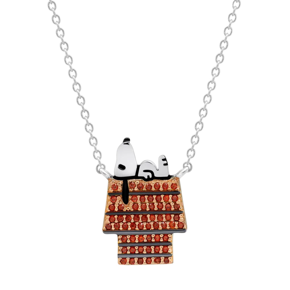 Crislu Peanuts 21" 0.1 ct. Cubic Zirconia Snoopy Resting on His Doghouse Necklace in Pure Platinum Plated 925 Sterling Silver