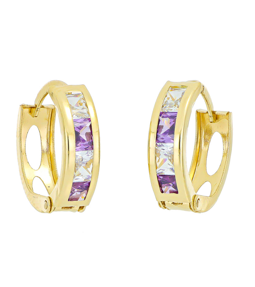 14k Yellow Gold with Purple and White Cubic Zirconia Small Hoop Earrings