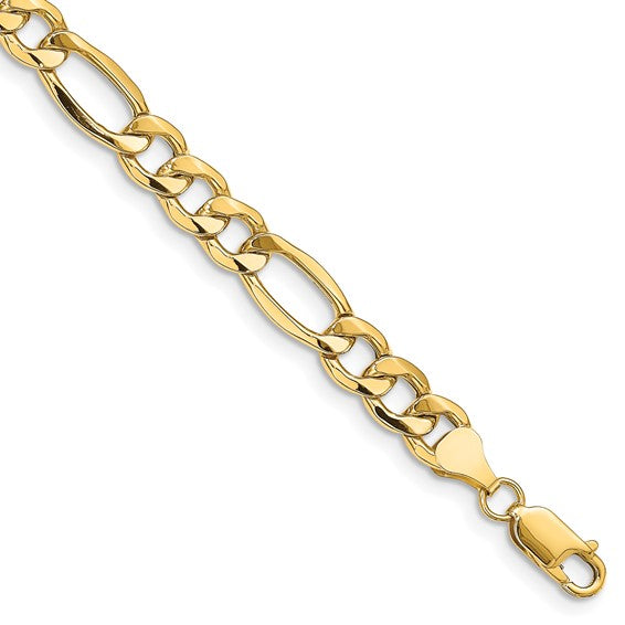 14K Yellow Gold Unisex 8" Semi-Solid Figaro Bracelet