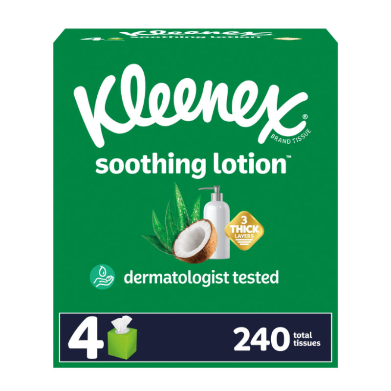 Pañuelos faciales con loción calmante Kleenex con aceite de coco (4 cajas cúbicas de 60 pañuelos cada una)
