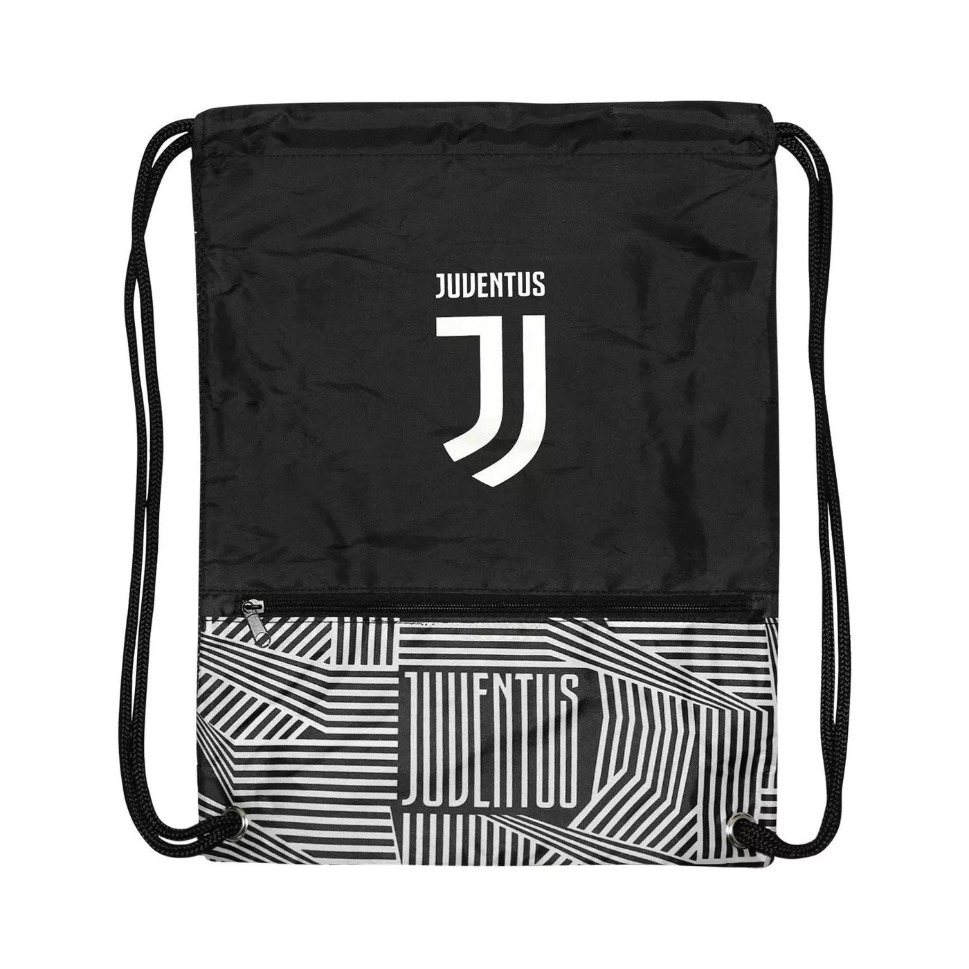 Icon Sports 18" Juventus Drawstring Cinch Bag with Zippered Front Pouch - Black - Curacao