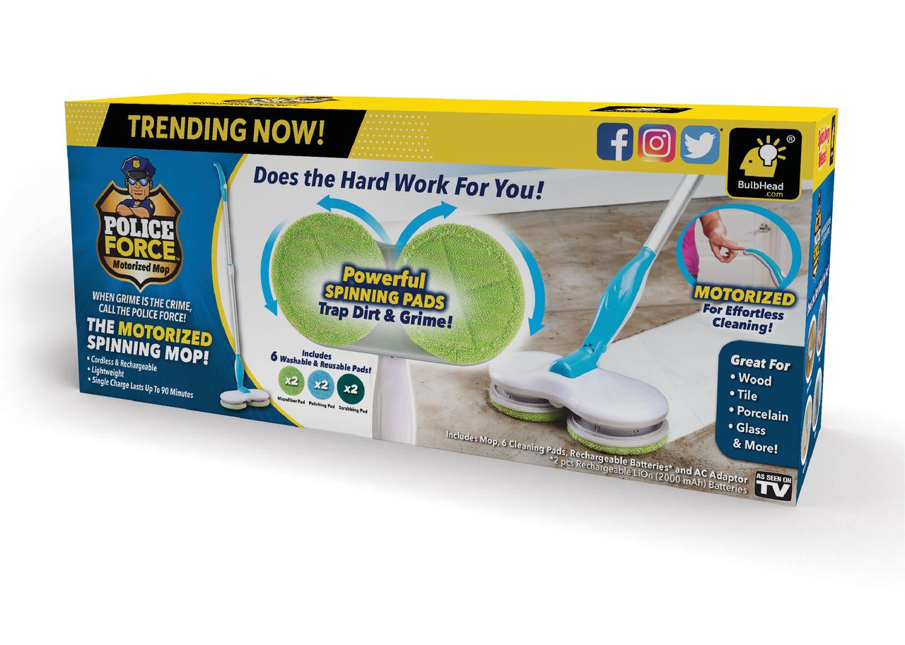 BulbHead Floor Police 46" Cordless Motorized Spinning Mop with 2 Spinning Power Pads - White/Blue - Curacao