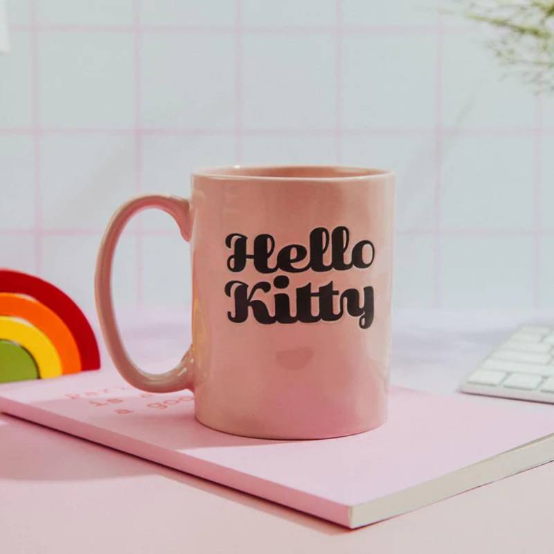 Sanrio Hello Kitty Flower Badge Wax Resist 18 oz Ceramic Pottery Mug - Pink