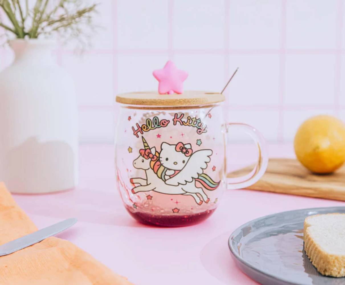 Sanrio Hello Kitty 17 oz Glass Mug With Star Topper Lid and Spoon - Multicolor