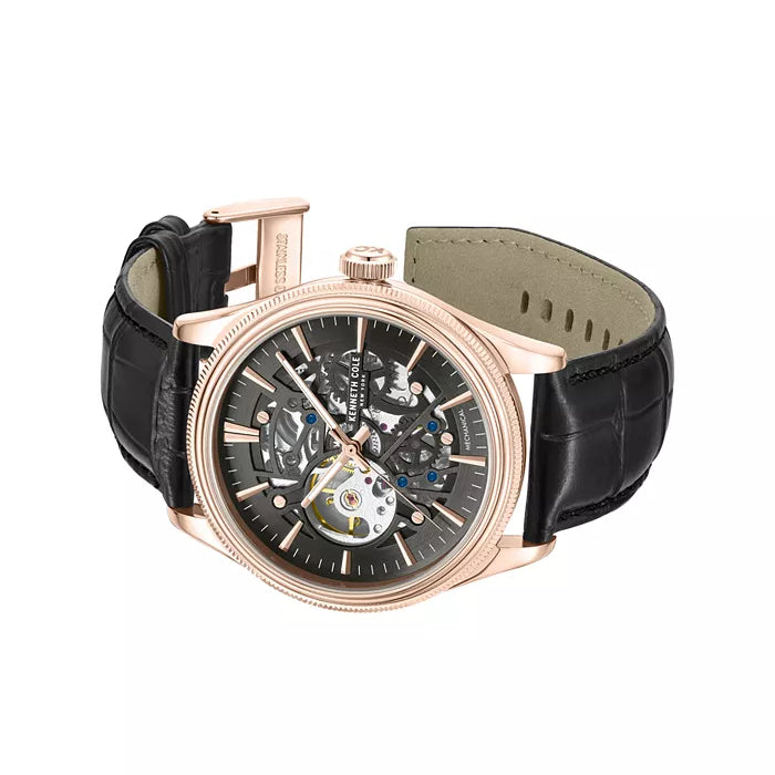 Kenneth Cole New York Mechanical Men's 42mm Black Strap Watch - Black/Rose Gold Dial