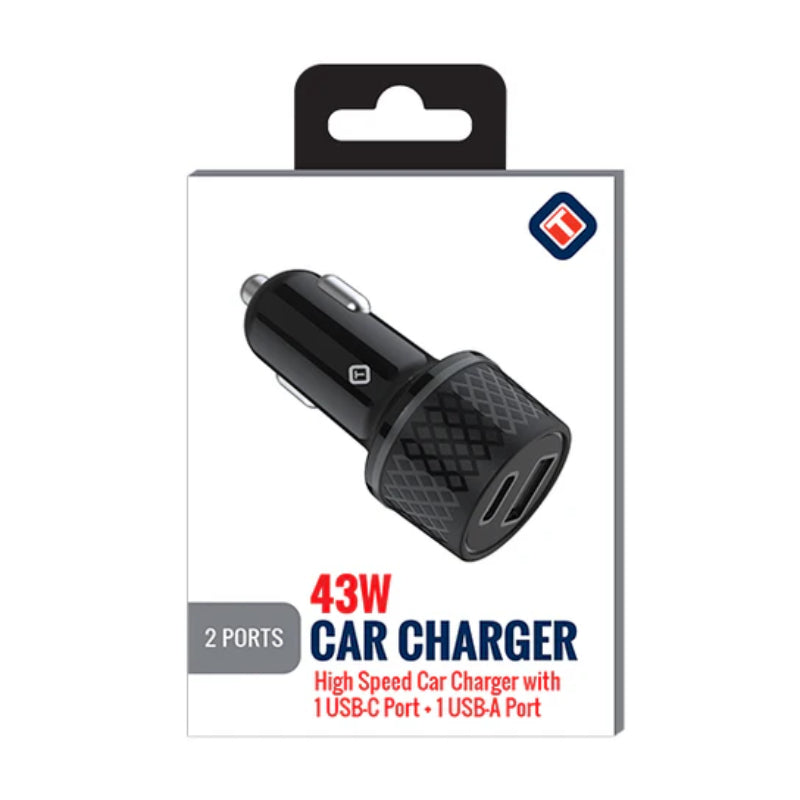 Tekya 43 Watts USB-C and USB-A Dual Port Car Charger - Black