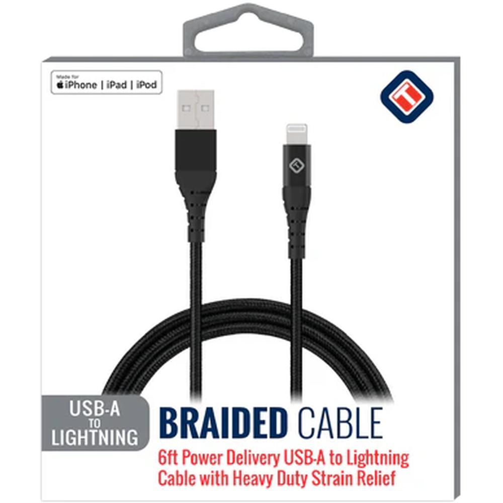 TekYa 6' MFI USB-A to Lightning Braided Cable - Black