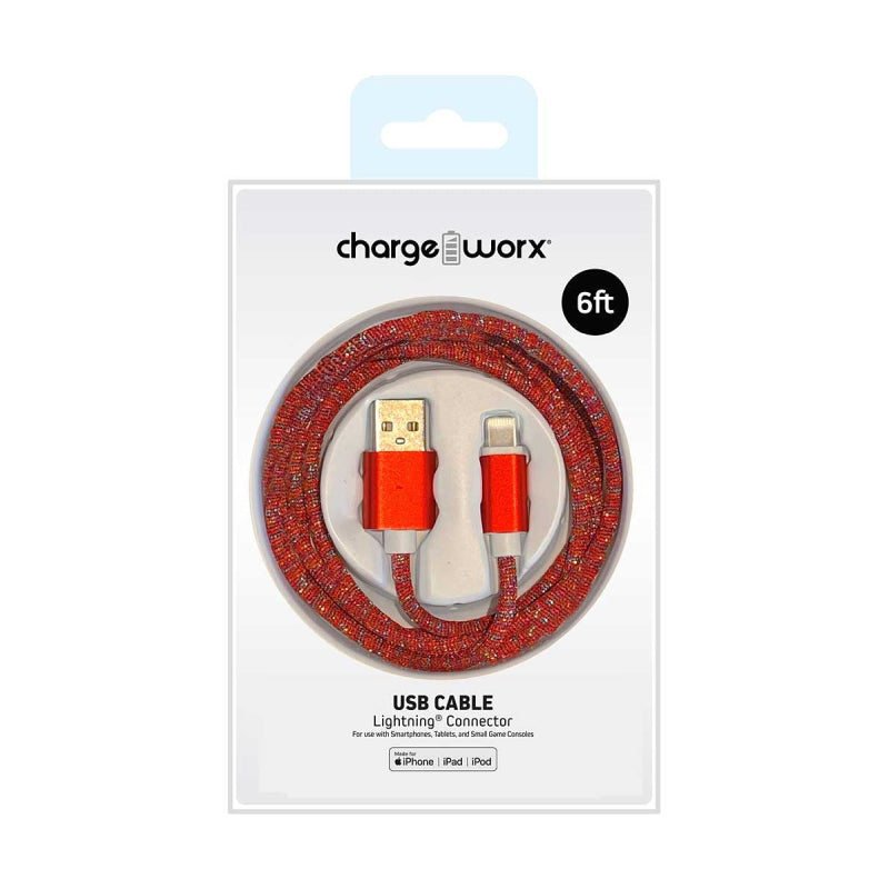 Cable Lightning a USB tipo A macho ChargeWorx FlexKnit de 6 pies (rojo/blanco)