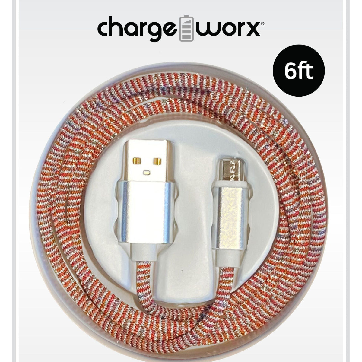 ChargeWorx FlexKnit 6 ft USB Type-C to USB Type-A Male Cable - Red/White