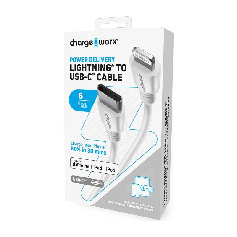 ChargeWorx Power Delivery 6 ft Lightning to USB Type-C Male Cable - White