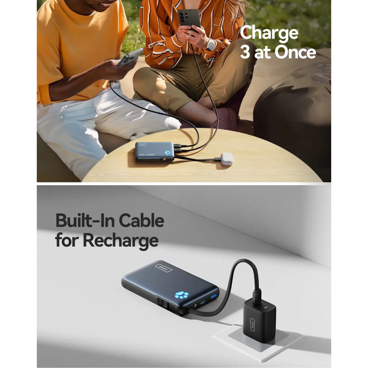 INIU P41L-P1 10000mAh PD 20W Portable Power Bank with Built-in USB-C Cable - Black