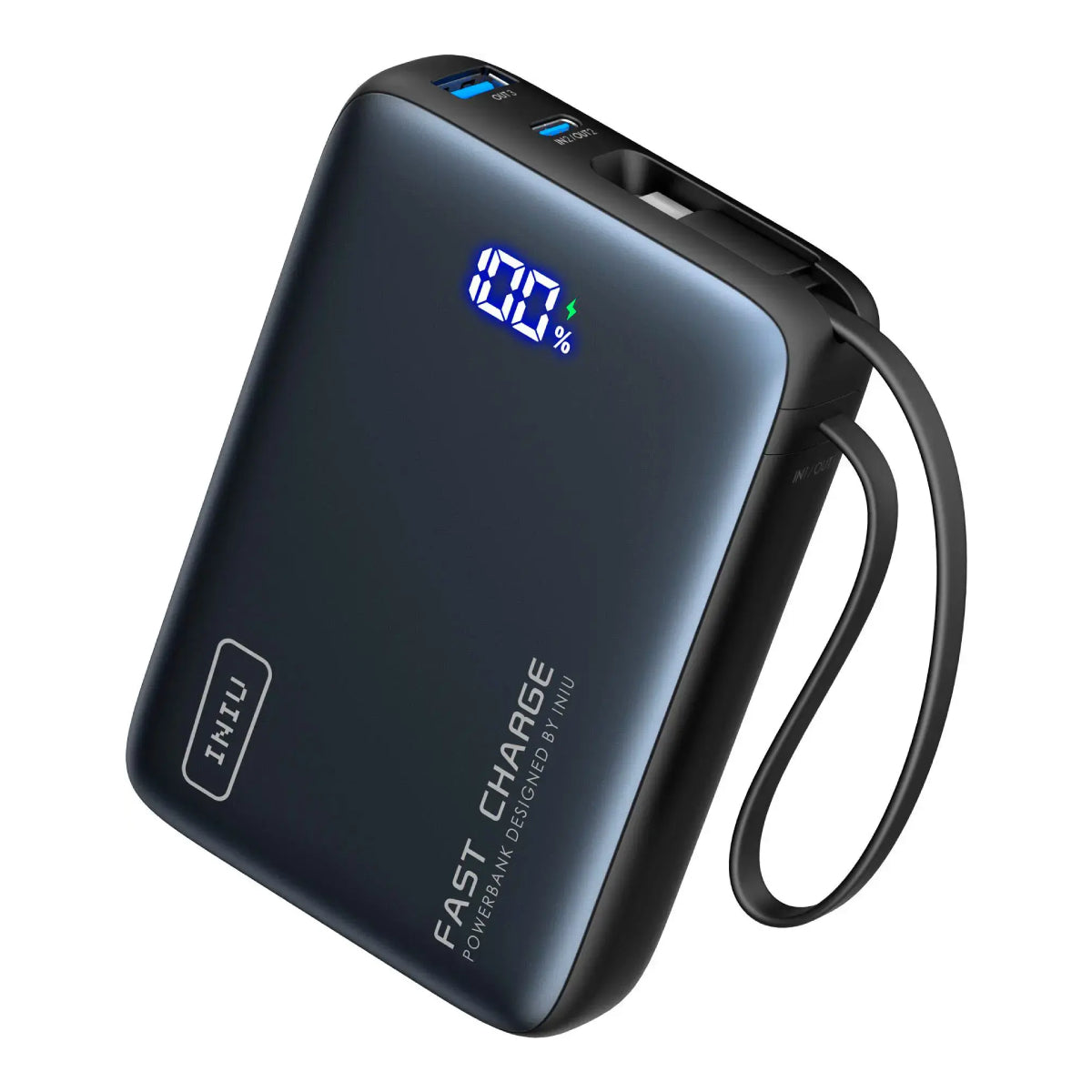 INIU P51L-P1 Pocket Power 20000mAh PD 22.5W Portable Power Bank with Built-in USB-C Cable - Black