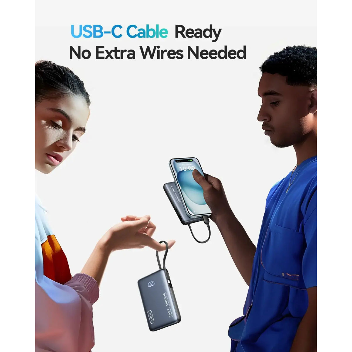 INIU P61L-P1 Pocket Power 10000mAh PD 20W Portable Power Bank with Built-in USB-C Cable - Black